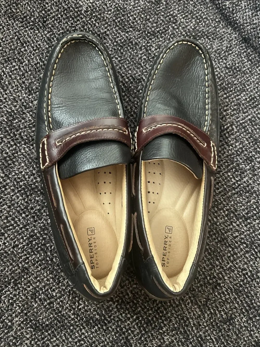 Men’s 9.5 M Sperry Top Sider Driving Mocs Loafers Black Brown Leather Cushioned